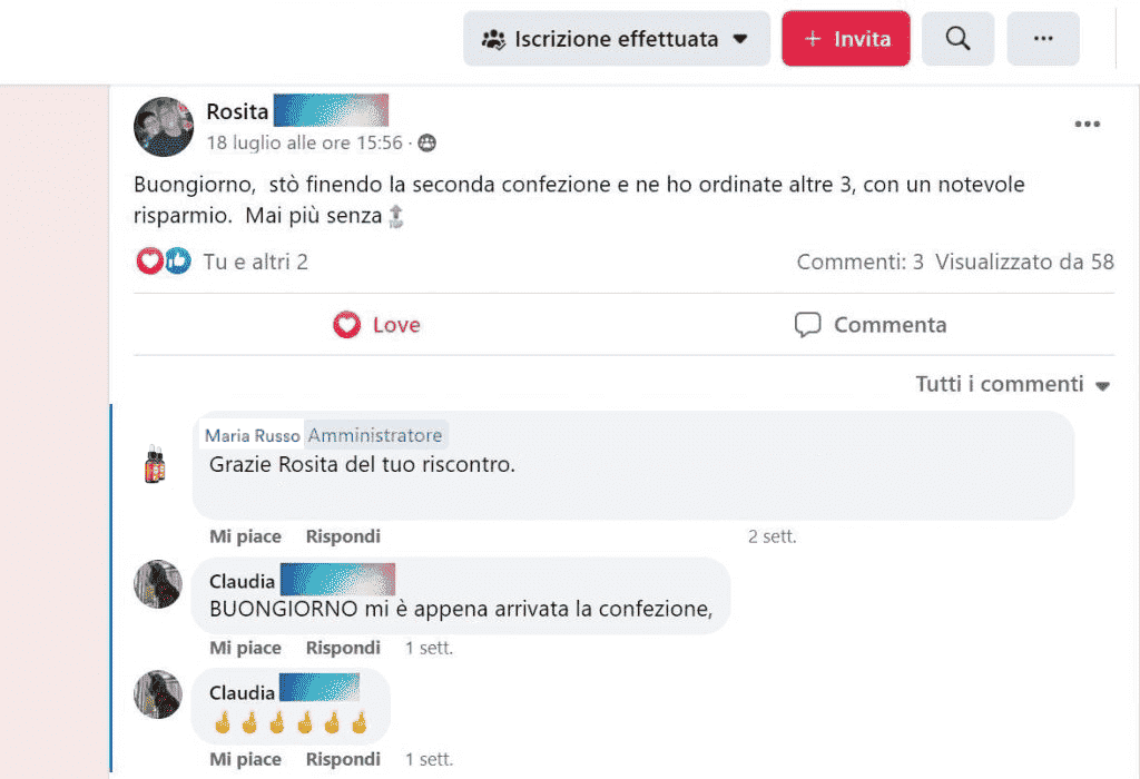 Testimonianza Facebook Reale per Detoxicell