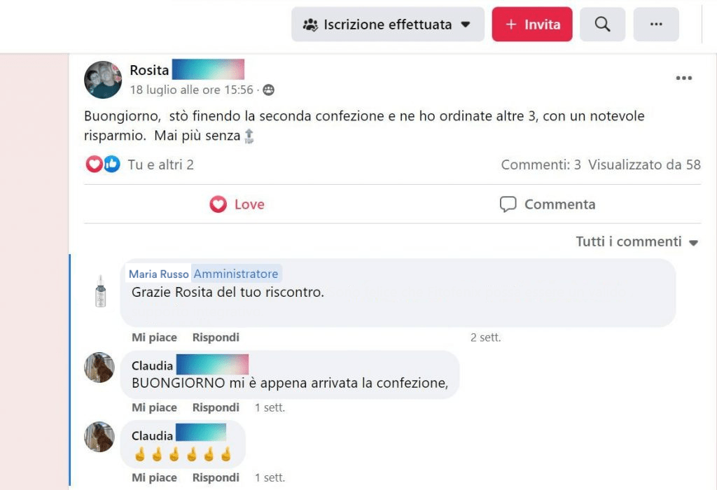 Testimonianza Facebook Reale per Esocrease Hair