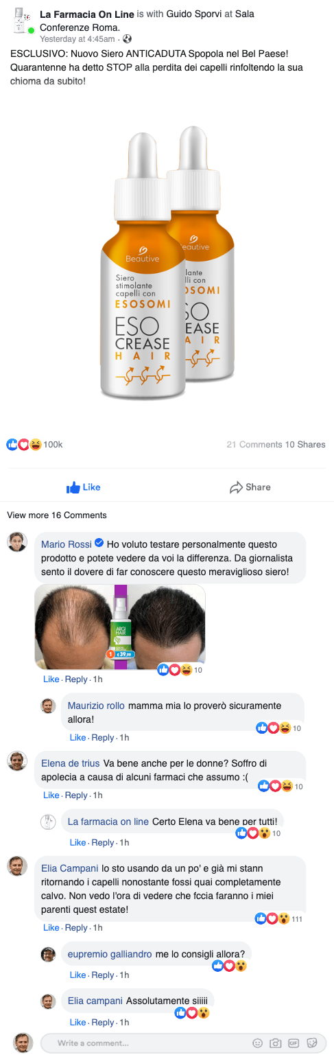 Commento e Opinione Cliente per Esocrease Hair